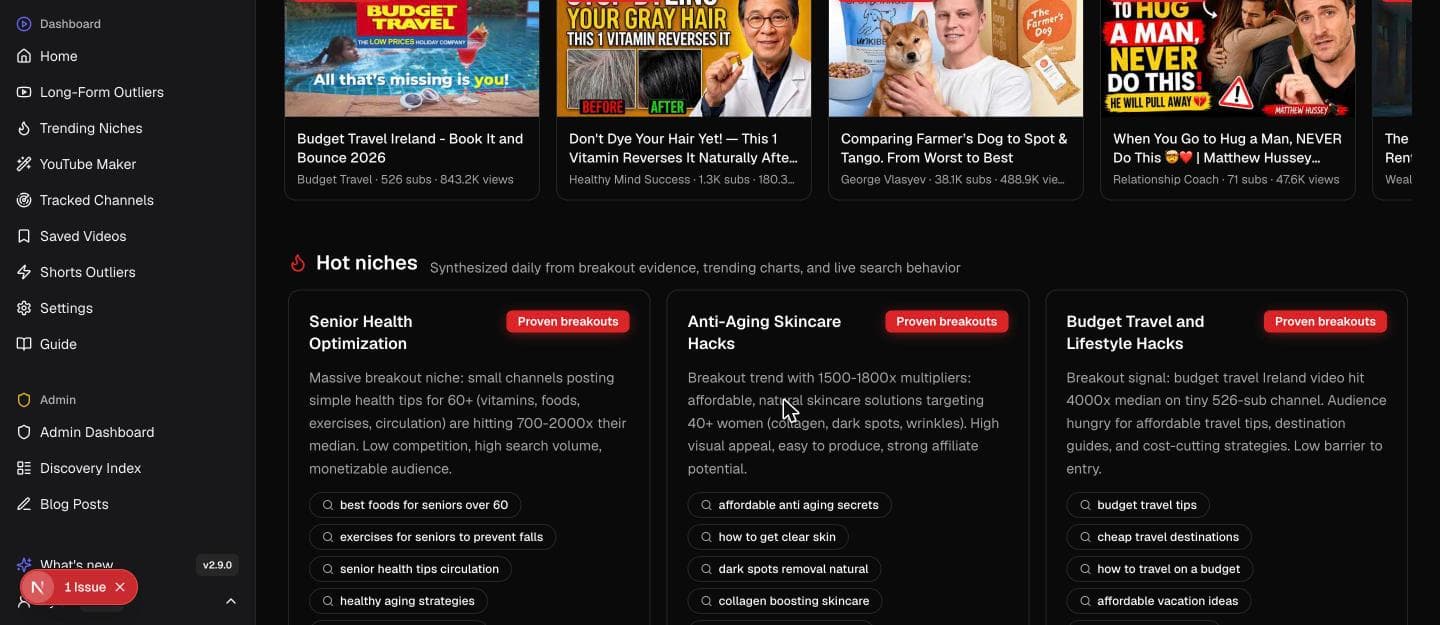 Trending Niches page showing hot niches with proven breakout evidence and suggested searches